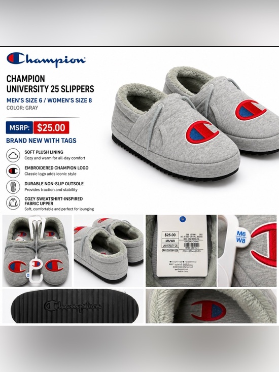 Champion Other - Champion University 25 Slippers Gray Plush Lined House Shoes NWT Men 6 Women’s 8